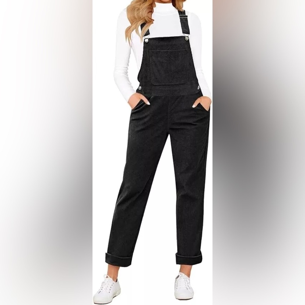 LOOKBOOKSTORE Black Overalls Tapered Leg Corduroy Jumpsuit Bib Pocket (Size M)